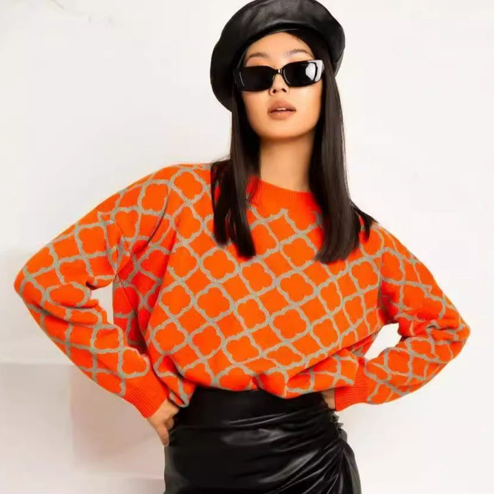 Dame afslappet sweater med stilfuld mønsterblanding og ribbed manchetter Stilla