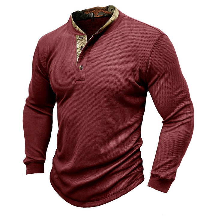 Herrer stilfuld langærmet Henley-shirt med struktureret design og elegant knaplukning Stilla