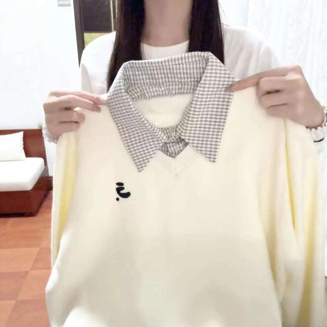 Dame hyggelig sweater med aftagelig krave og ternede detaljer Stilla