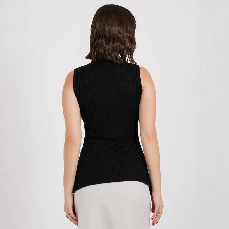 Dame rullekrave sweater uden ærmer med lodret ribmønster Skovae