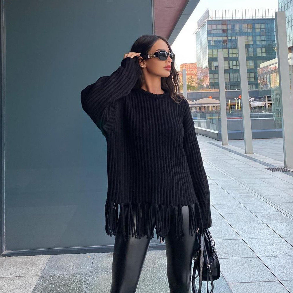 Dame Modische Strikpullover med frynser Stilla