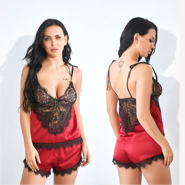 Dame Elegant Satin-Spids Top og Shorts Sæt Stilla