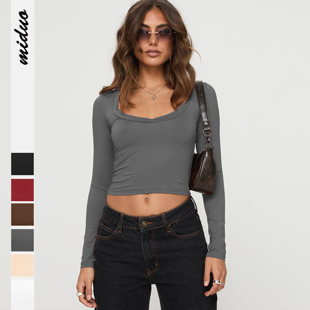 Dame Langærmet Crop-Top med dyb rund halsudskæring af blødt materiale Stilla