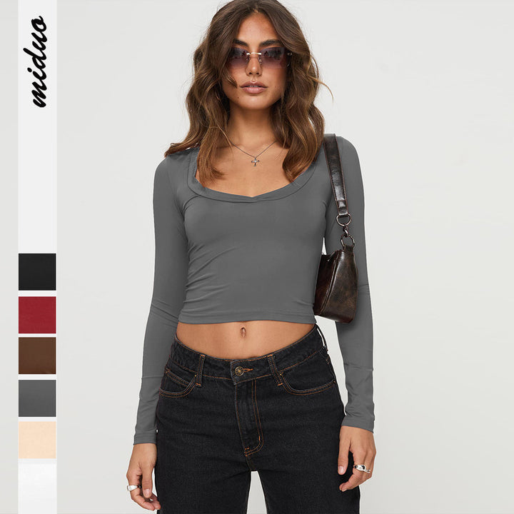 Dame Langærmet Crop-Top med dyb rund halsudskæring af blødt materiale Stilla