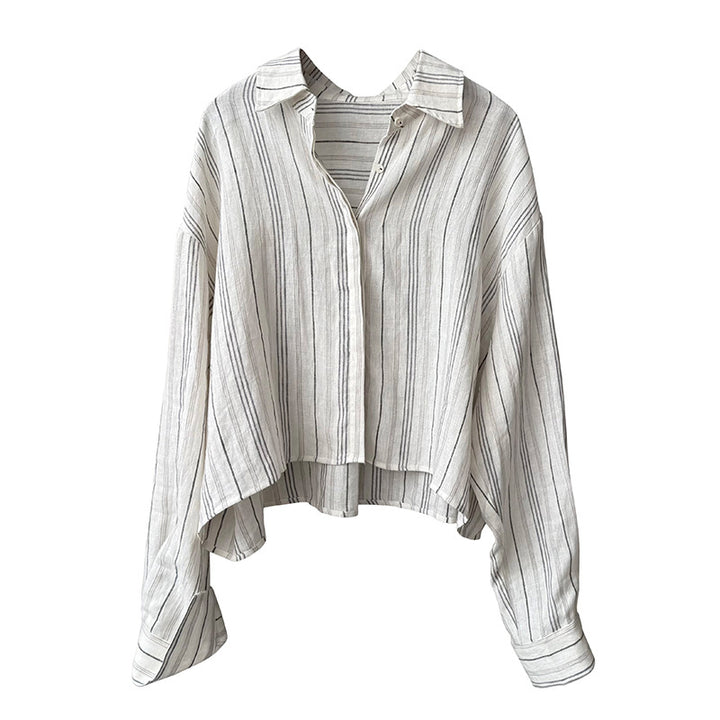 Dame afslappet linned bluse med asymmetrisk kant og elegante striber Stilla