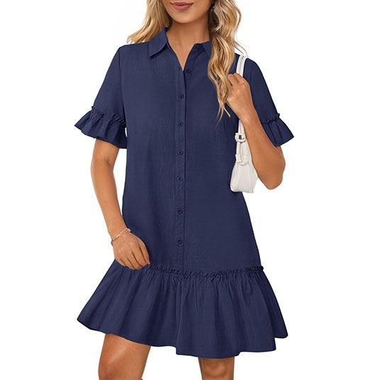 Dame skjortebluskjole med ruffles og elastisk kant Stilla
