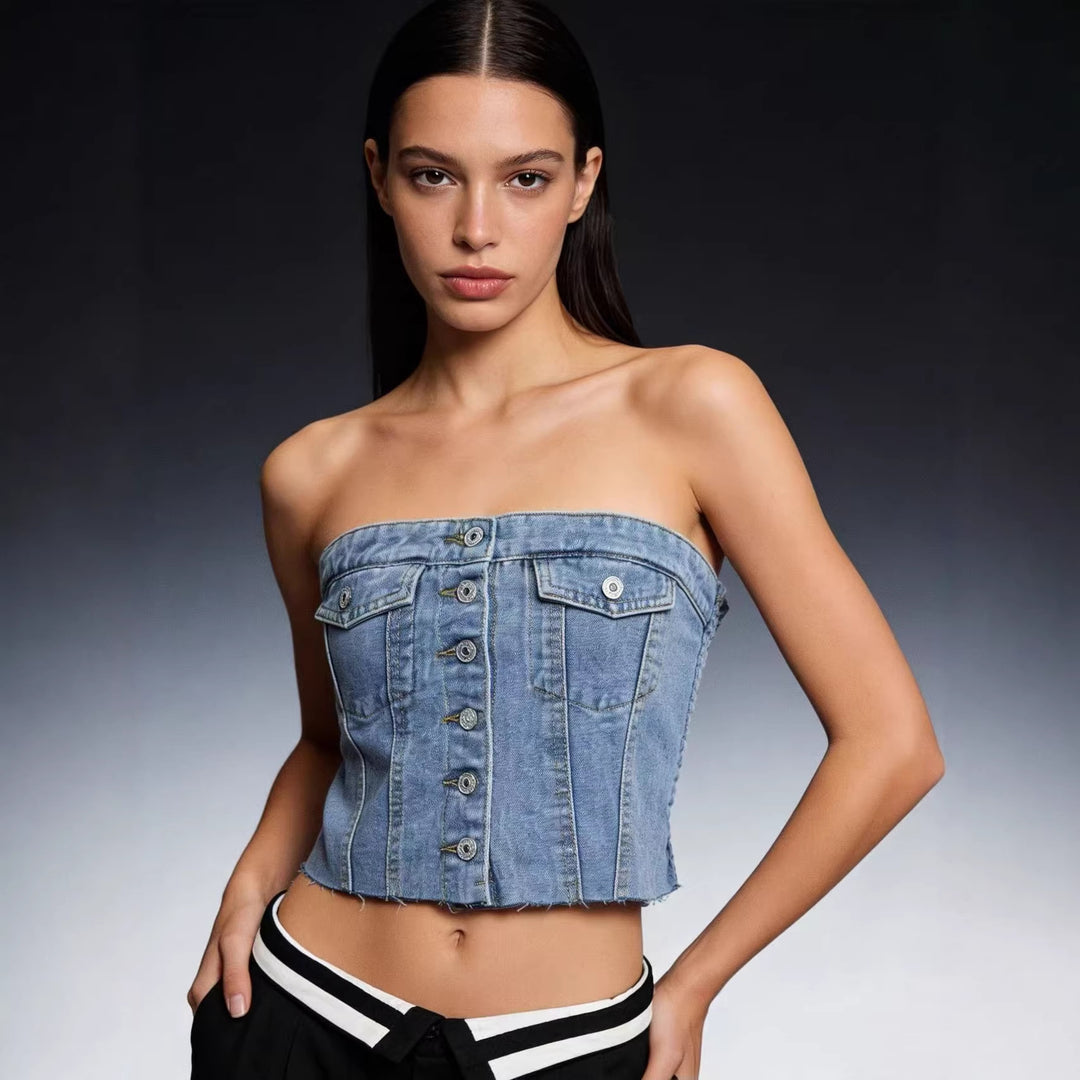 Dame Denim Bustier-top med knapdetalje og frynser Skovae