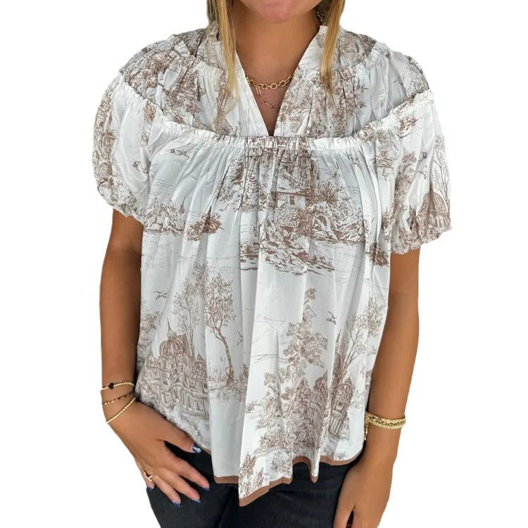 Damer Vintage Bomuldsbluse med grafisk tryk Stilla