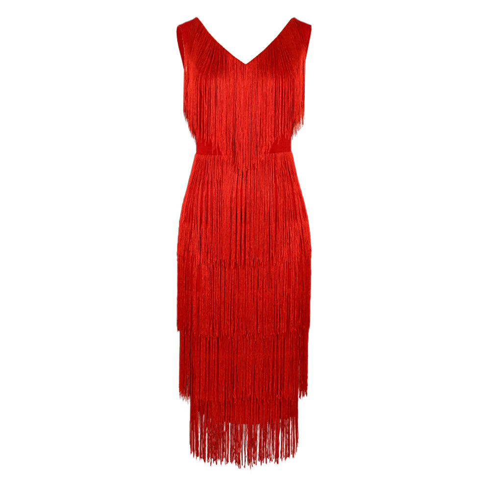 Dame elegant frynsedress med V-udskæring Skovae