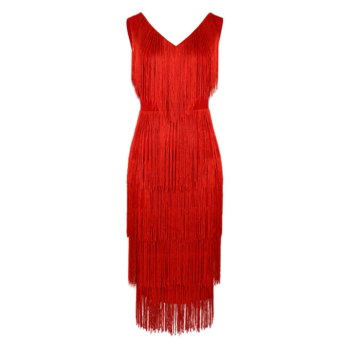 Dame elegant frynsedress med V-udskæring Skovae