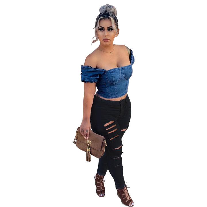 Dame cropped jeansbluse og skrå bukser Stilla