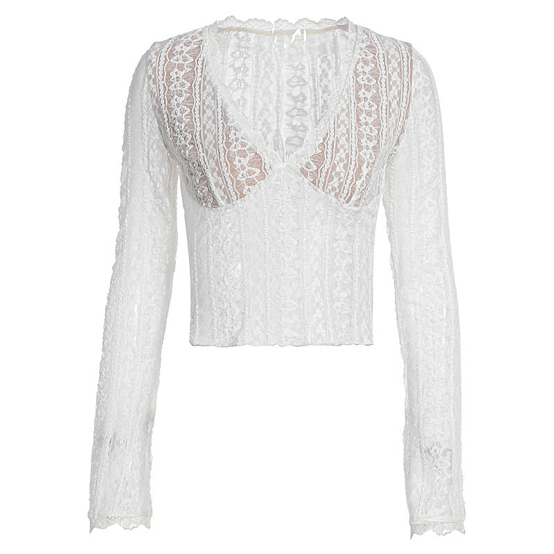Dame spidsbluse med gennemsigtigt design og lange ærmer Skovae