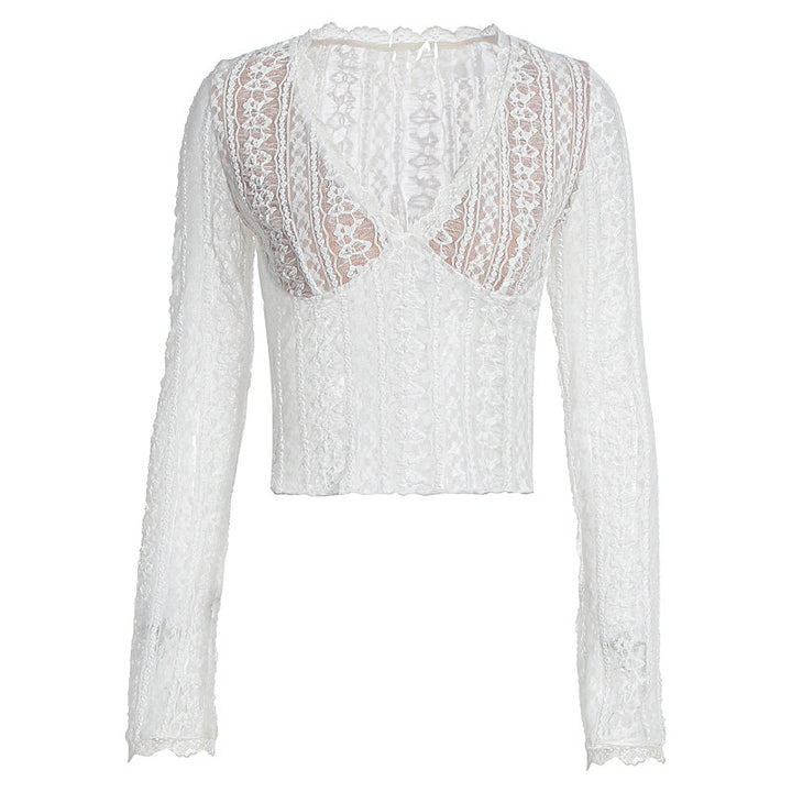 Dame spidsbluse med gennemsigtigt design og lange ærmer Skovae