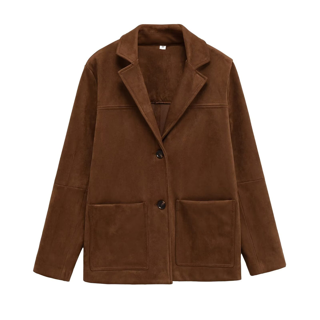 Dame Mode Suede Blazer Jakke med Praktiske Lommer