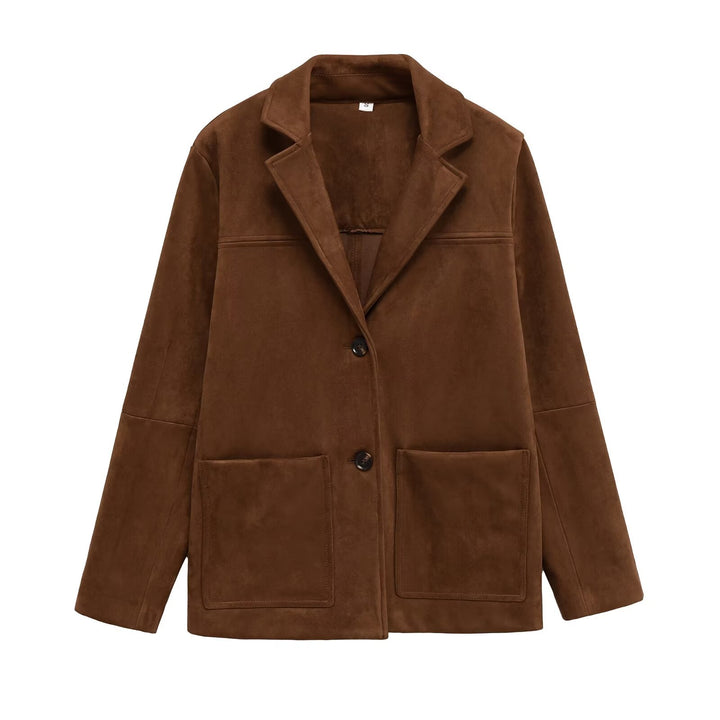 Dame Mode Suede Blazer Jakke med Praktiske Lommer