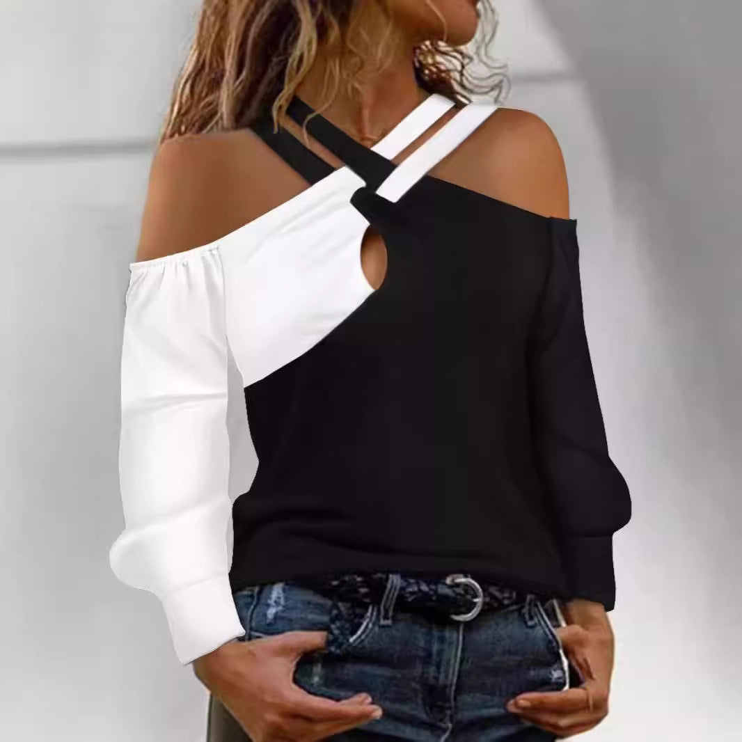 Dame Mode top med cut-out design og asymmetrisk ærmer Skovae