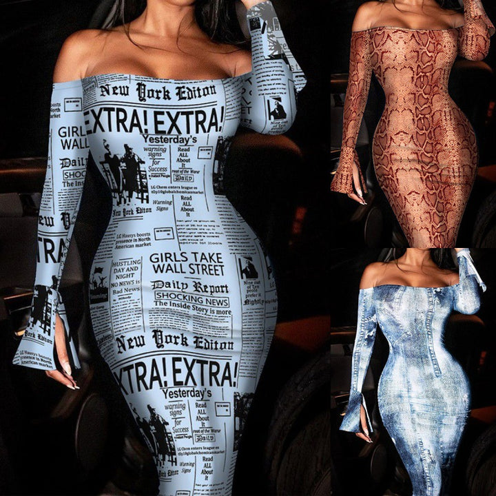 Dame Off-Shoulder Slangeskind-Print Bodycon Kjole Stilla