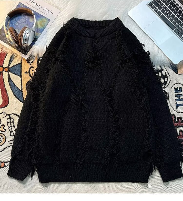 Dame hyggelig strikpullover med trendy frynser og unikke strikdetaljer Stilla
