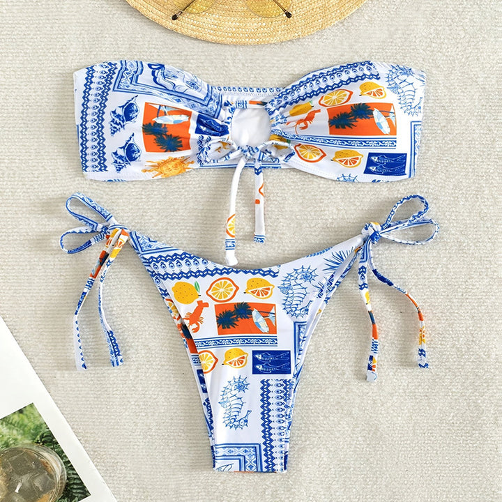 Dame Bandeau-Bikini-sæt med farverigt design og justerbare bånd Stilla