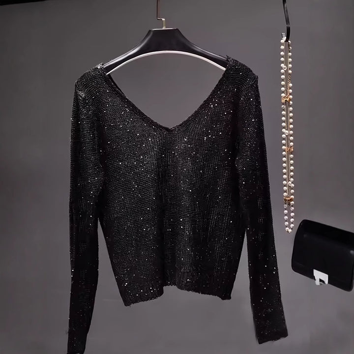 Femme Shimmering V-Udsnit Tekstureret Pullover Stilla