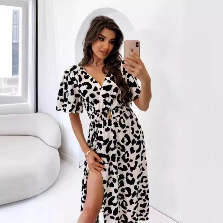 Femme Chic Leopardmønster Wrap-kjole med høj slids og udstillede ærmer Stilla