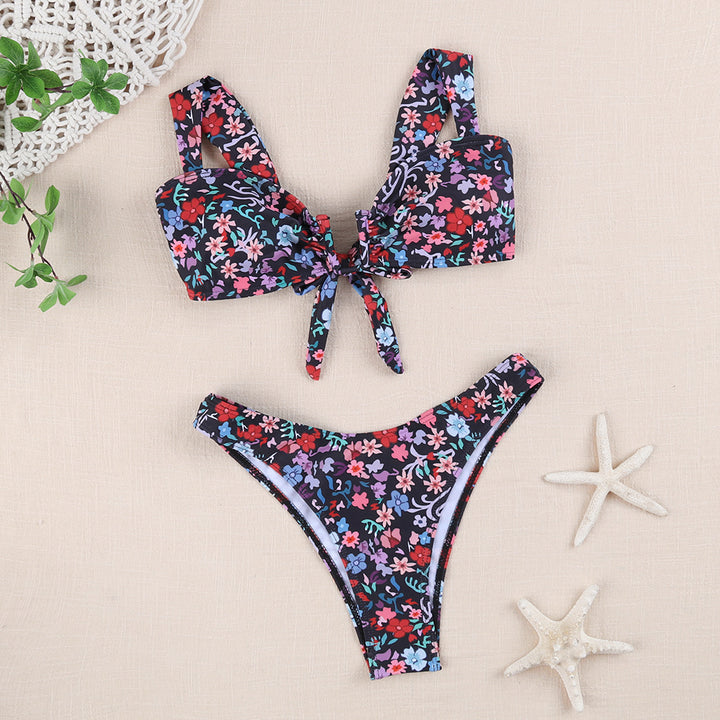 Dame Floral Print Bindefront Bikini Sæt Stilla