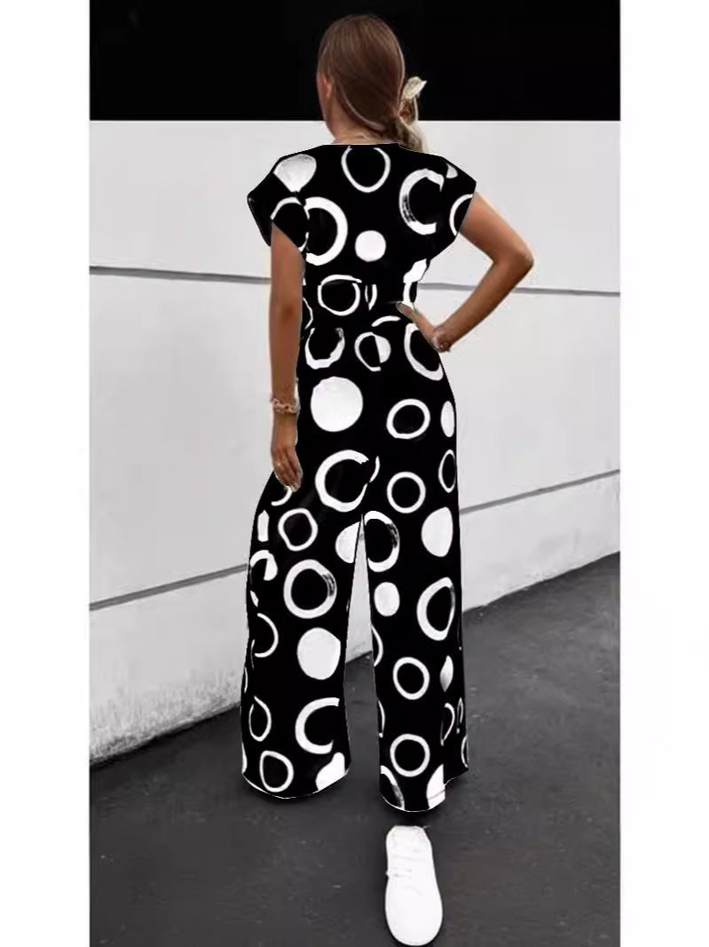 Dame Mode Wide-Leg Jumpsuit med bindebånd og grafisk mønster Stilla