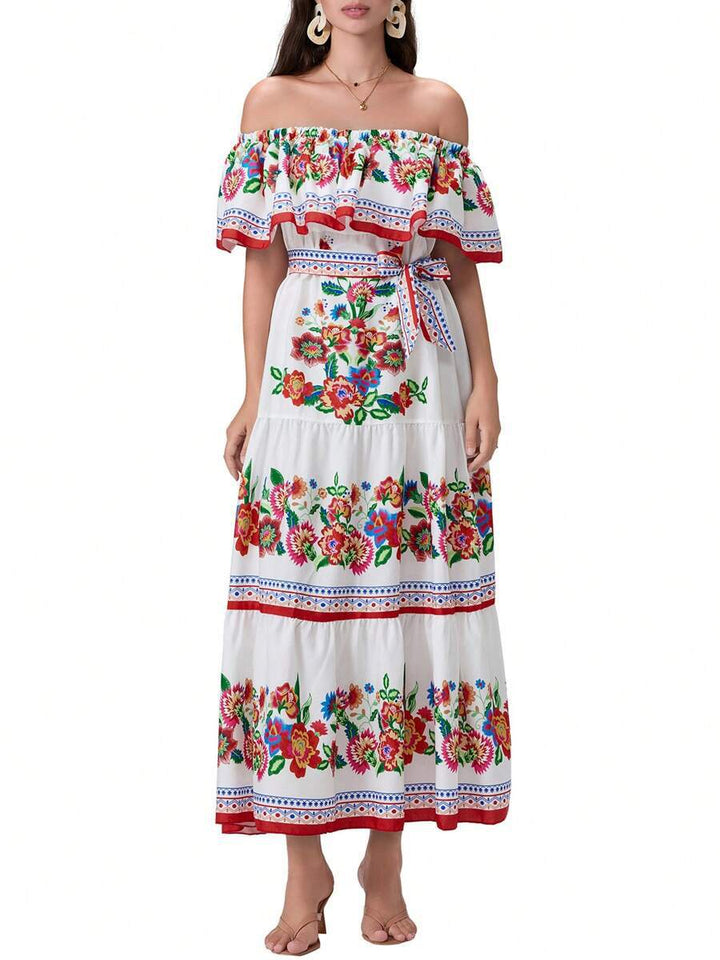 Dame Maxikjole med off-shoulder design og blomstrende applikationer Stilla