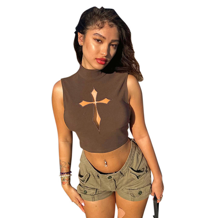 Dame Højhals Crop Top med Kryds-Design Stilla