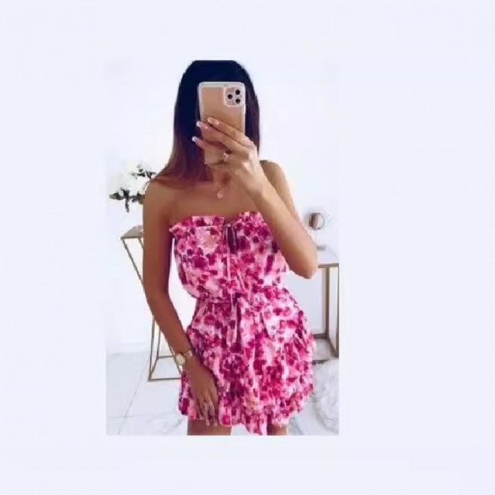 Dame Strapless Blomster Mønster Mini-Kjole med Rüschen-Saum Stilla
