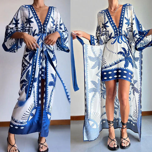 Dame kaftan-kjole med dyb V-hals og flydende ærmer Stiila