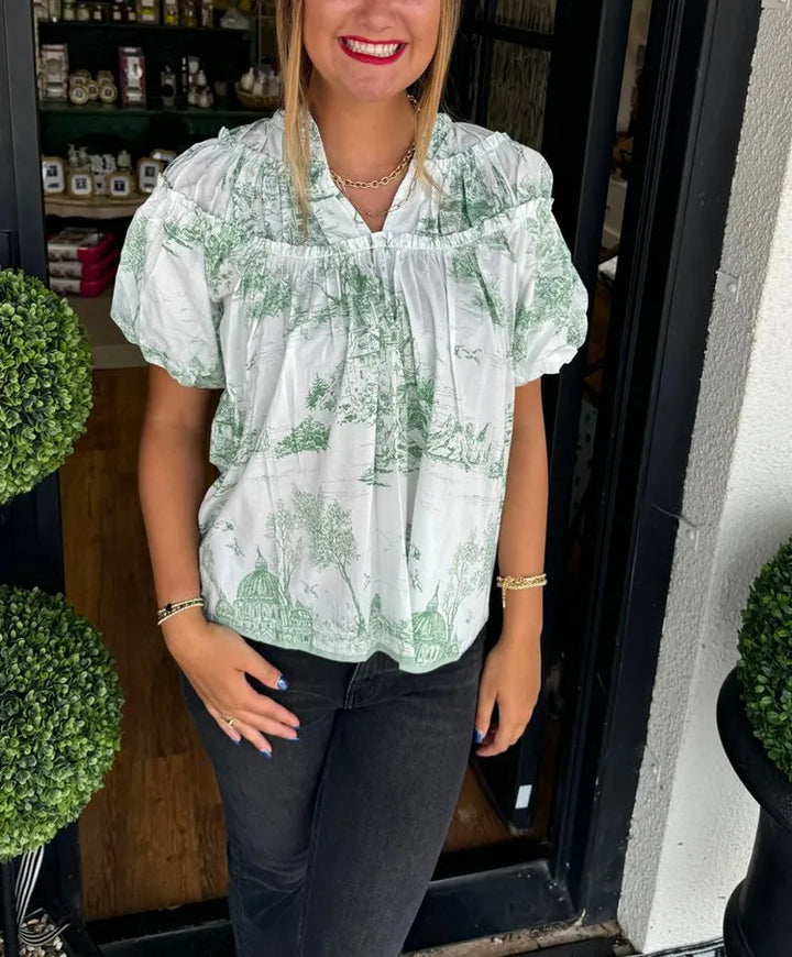 Damer Vintage Bomuldsbluse med grafisk tryk Stilla