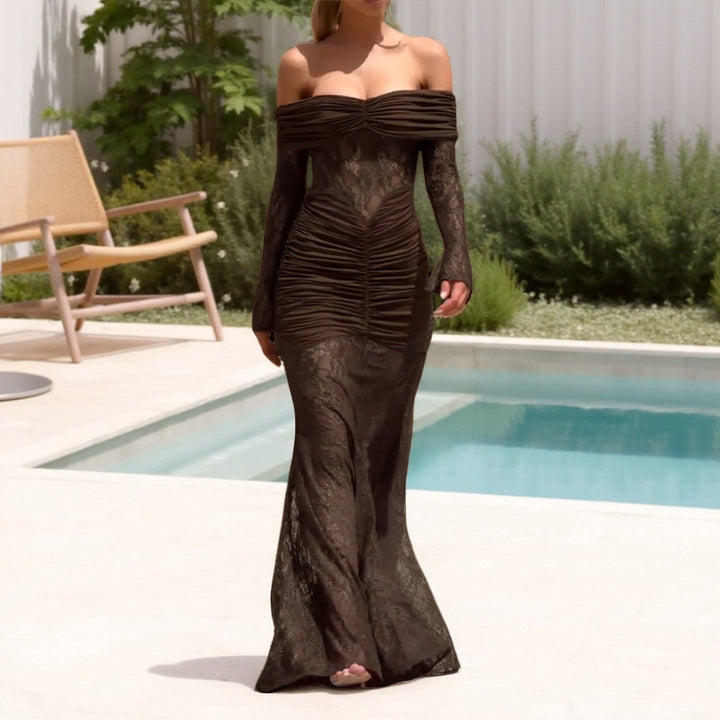Dame Elegant off-the-shoulder maxikjole med rynket design og lange ærmer Skovae