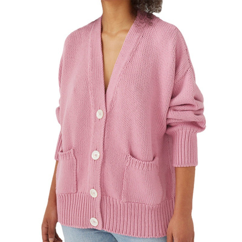 Dame Oversized Strikjakke med Lommer og V-Hals Stilla