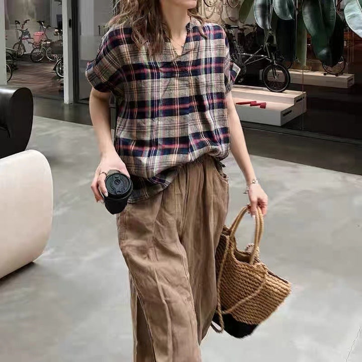 Femme Kortærmet Ternet Button-Up Skjorte Stilla