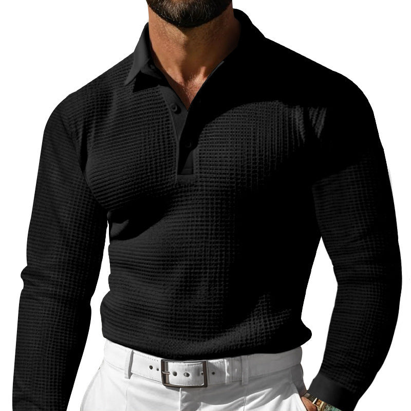 Herrer nan Langarm-Poloshirt i vaffelstrik med slim fit skjult knaplukning og skjortekrave Skovae