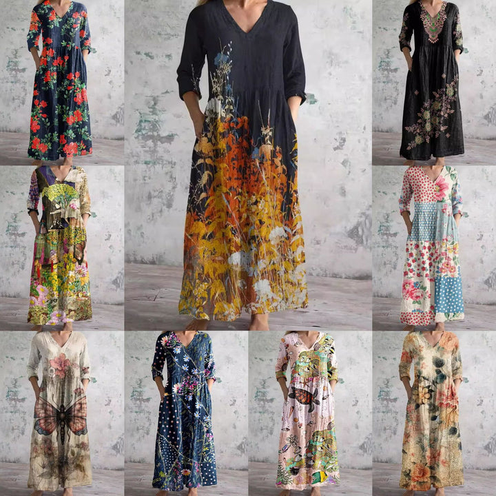 Dame Boho Maxikjole med unikt blomsterprint og praktiske lommer Stilla