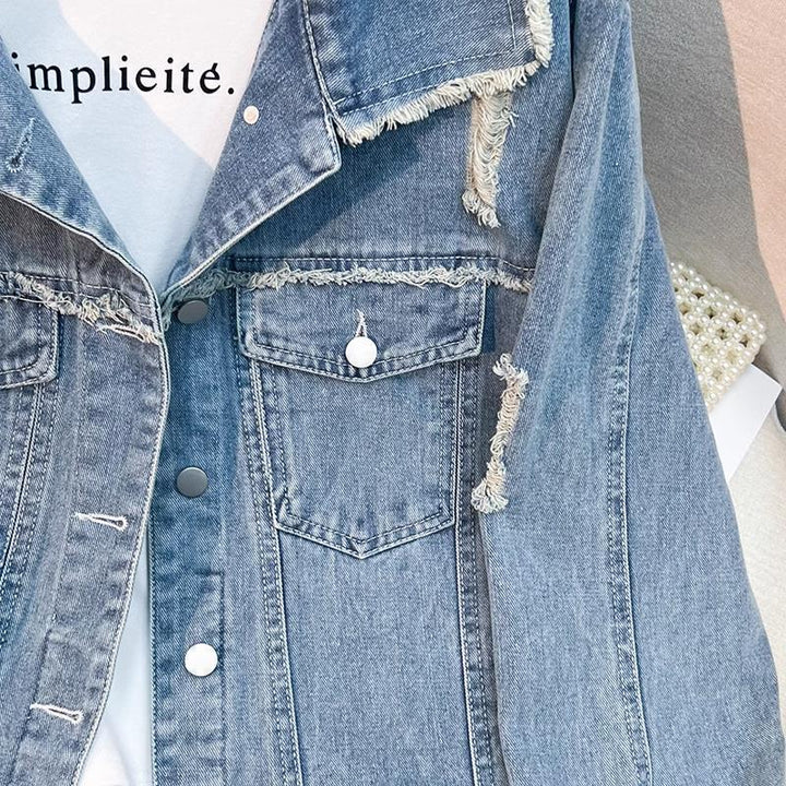 Dame mode denimjakke med frynset detaljer Stilla