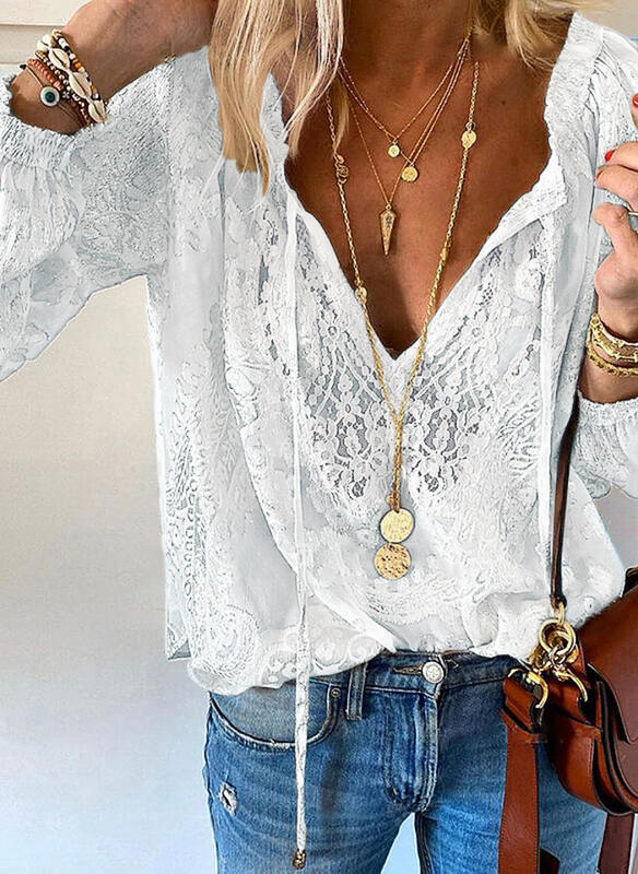 Dame elegant bluse med fin lace og dyb V-udskæring Skovae