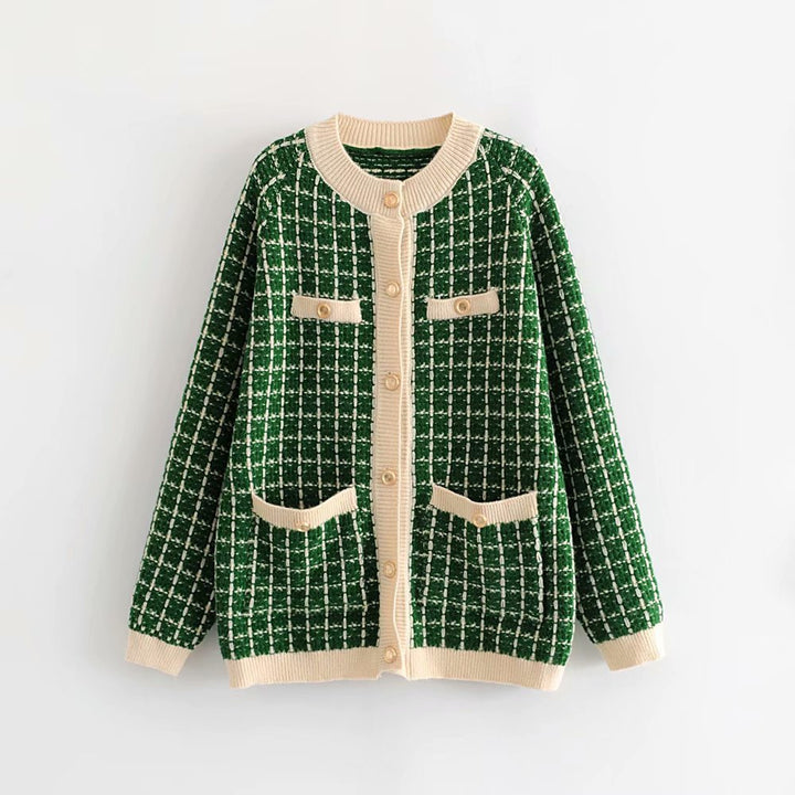Kvinders cardigan med elegant ternet mønster og dekorerede knapper Stilla