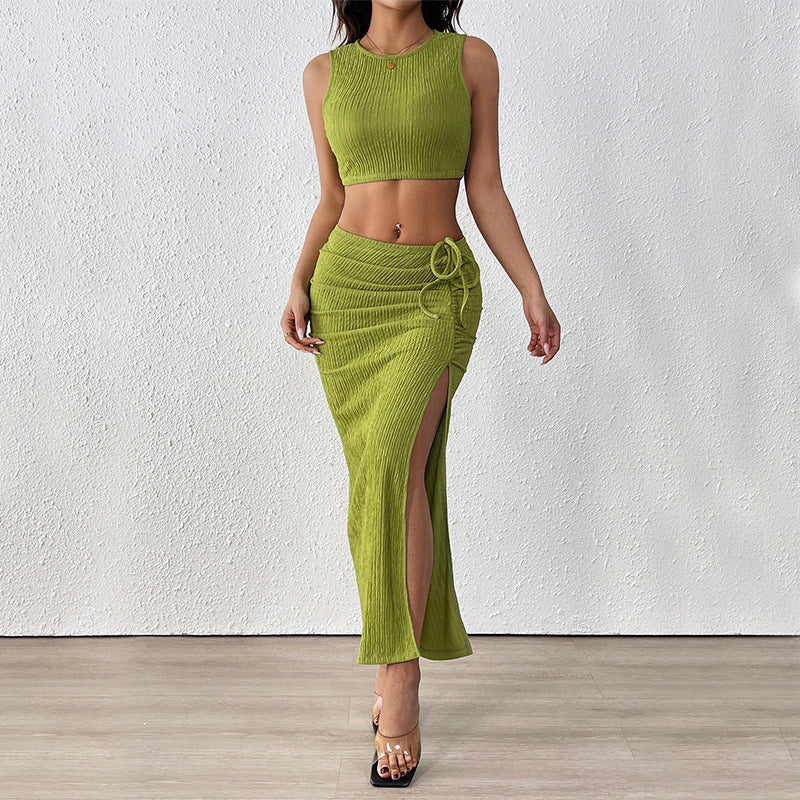 Femme Koordinerende Crop Top og Maxiskørt med høj split Sæt Stilla