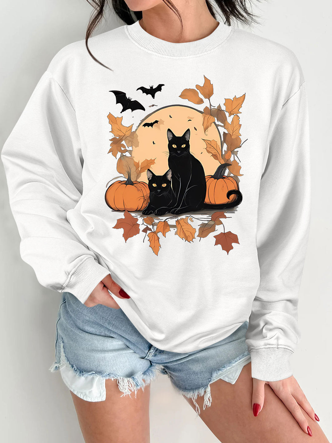 Dame sweatshirt med efterårs kat og græskar design Stilla
