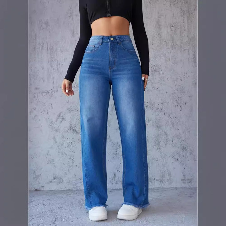 Dame Højtaljede Mom-Jeans med afslappet snit og frynset kant Stilla