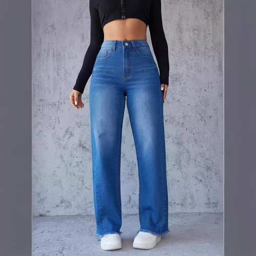 Dame Højtaljede Mom-Jeans med afslappet snit og frynset kant Stilla