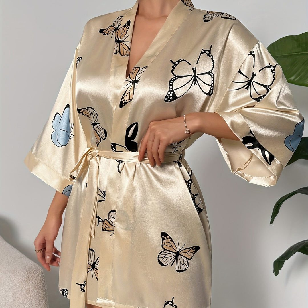 Femme Satin Kjole med Sommerfugletryk Stilla