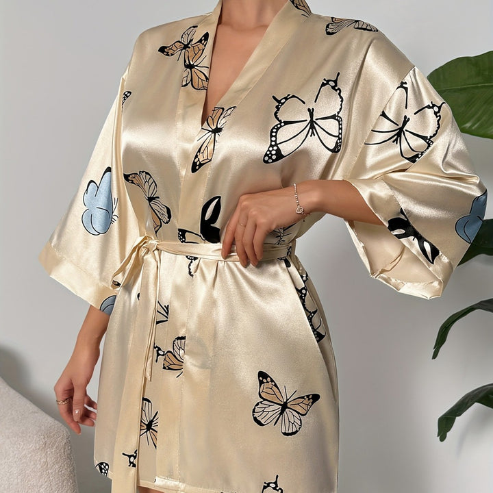 Femme Satin Kjole med Sommerfugletryk Stilla