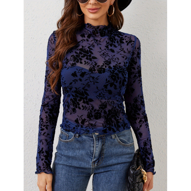 Dame langærmet t-shirt med blomster chiffon og transparente detaljer Skovae