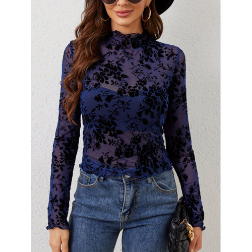 Dame langærmet t-shirt med blomster chiffon og transparente detaljer Skovae