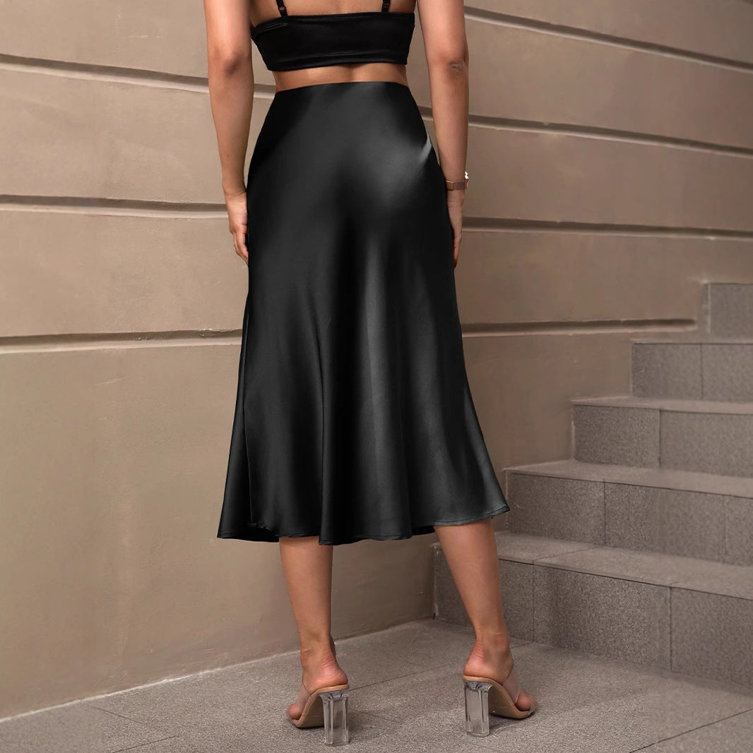 Dame elegant satin midiskirt med flydende snit Stilla