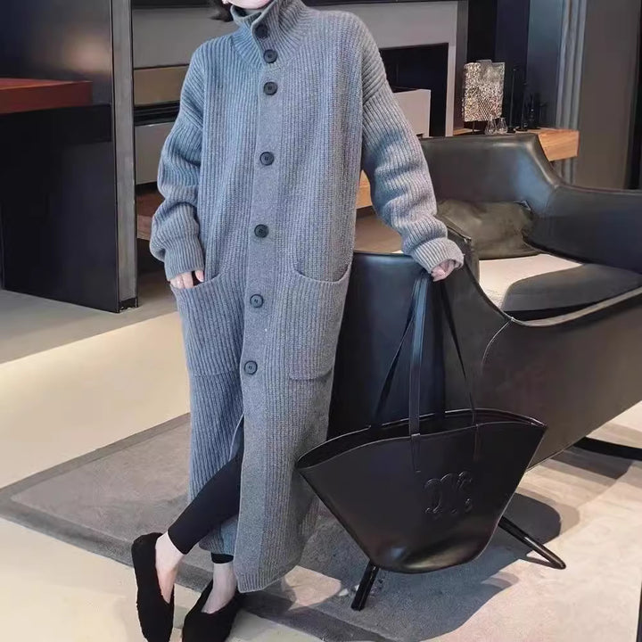 Kvinders chunky strikket cardigan med knaplukning og dybe lommer Stilla